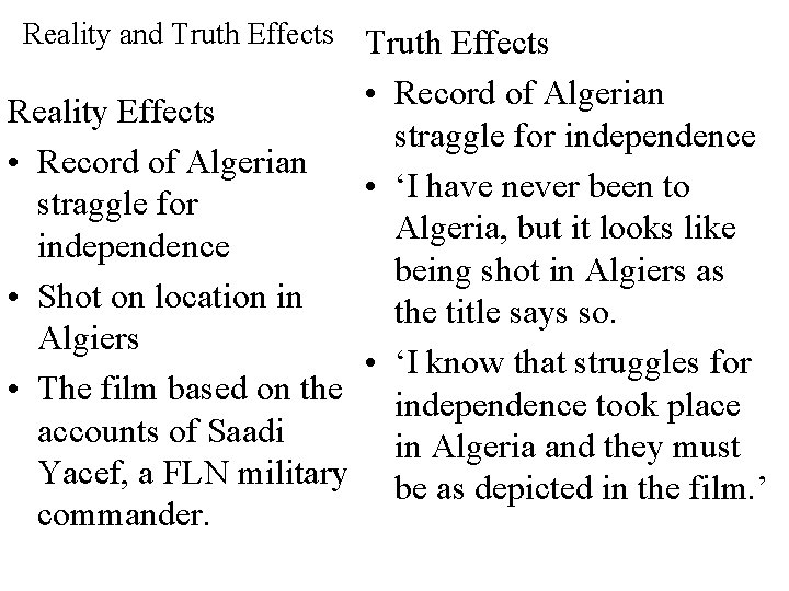 Reality and Truth Effects • Record of Algerian Reality Effects straggle for independence •