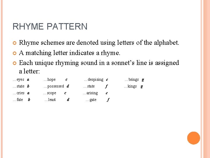 RHYME PATTERN Rhyme schemes are denoted using letters of the alphabet. A matching letter