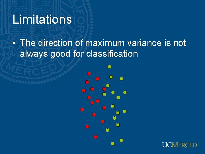Limitations • The direction of maximum variance is not always good for classification Limitations • The direction of maximum variance is not always good for classification