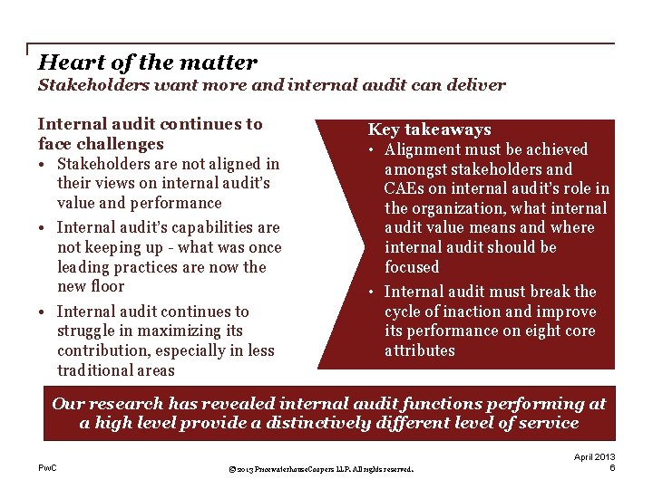 Heart of the matter Stakeholders want more and internal audit can deliver Internal audit