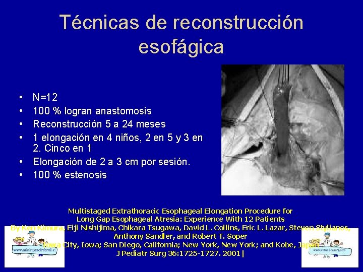 Técnicas de reconstrucción esofágica • • N=12 100 % logran anastomosis Reconstrucción 5 a