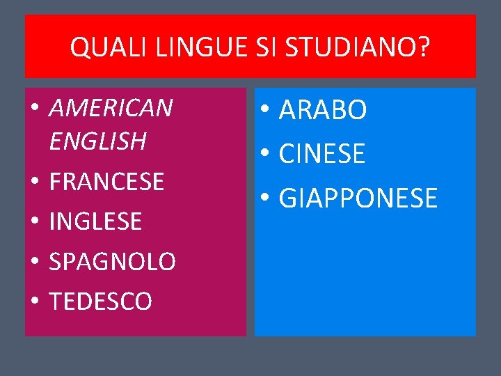 QUALI LINGUE SI STUDIANO? • AMERICAN ENGLISH • FRANCESE • INGLESE • SPAGNOLO •