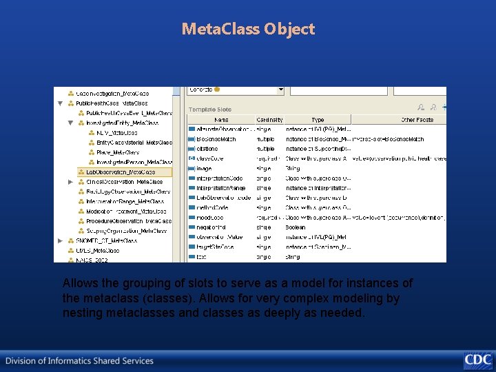 Meta. Class Object Allows the grouping of slots to serve as a model for