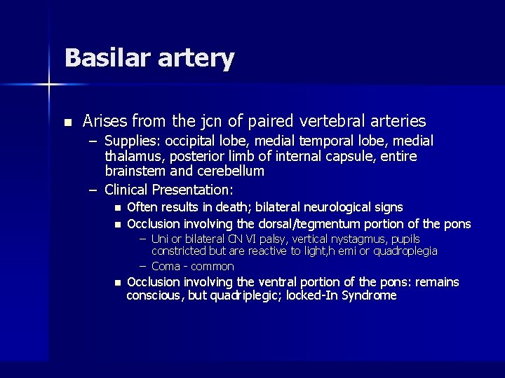 Basilar artery n Arises from the jcn of paired vertebral arteries – Supplies: occipital