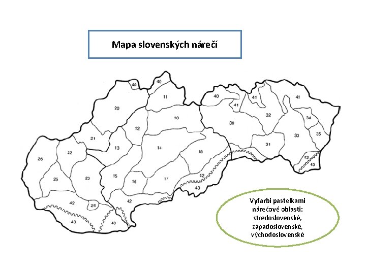 Mapa slovenských nárečí Vyfarbi pastelkami nárečové oblasti: stredoslovenské, západoslovenské, východoslovenské 