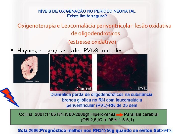 NÍVEIS DE OXIGENAÇÃO NO PERÍODO NEONATAL Existe limite seguro? Oxigenoterapia e Leucomalácia periventricular: lesão