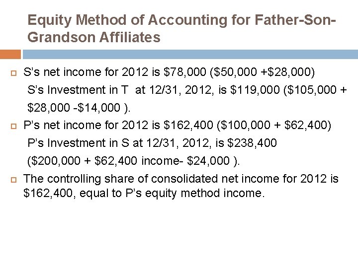 Equity Method of Accounting for Father-Son. Grandson Affiliates S’s net income for 2012 is Equity Method of Accounting for Father-Son. Grandson Affiliates S’s net income for 2012 is