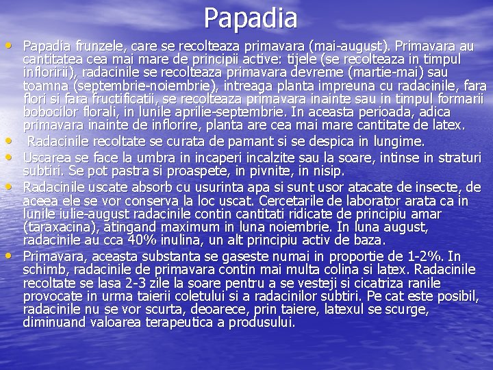 Papadia • Papadia frunzele, care se recolteaza primavara (mai august). Primavara au • •