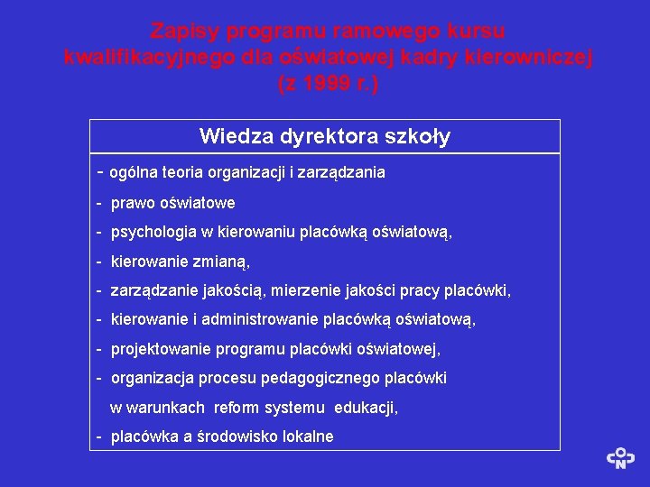 Zapisy programu ramowego kursu kwalifikacyjnego dla oświatowej kadry kierowniczej (z 1999 r. ) Wiedza