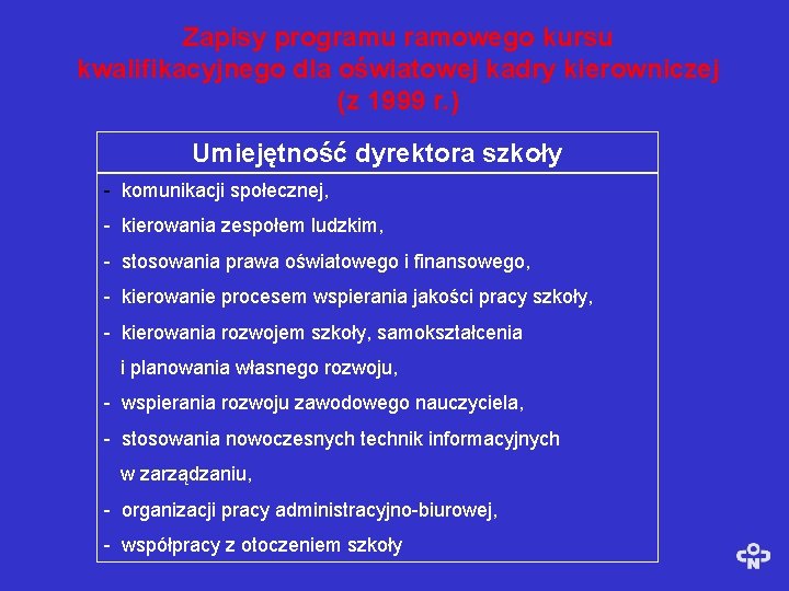 Zapisy programu ramowego kursu kwalifikacyjnego dla oświatowej kadry kierowniczej (z 1999 r. ) Umiejętność