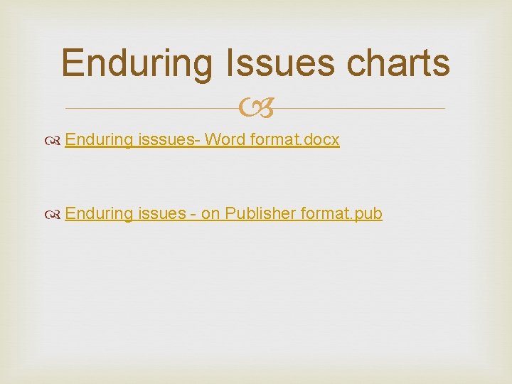 Enduring Issues charts Enduring isssues- Word format. docx Enduring issues - on Publisher format.