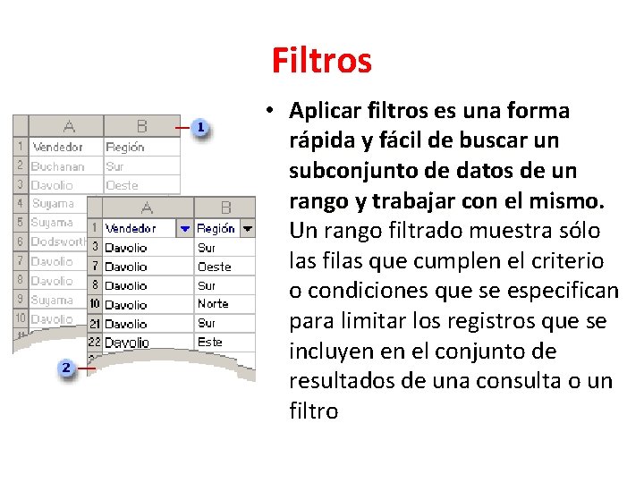 Filtros • Aplicar filtros es una forma rápida y fácil de buscar un subconjunto