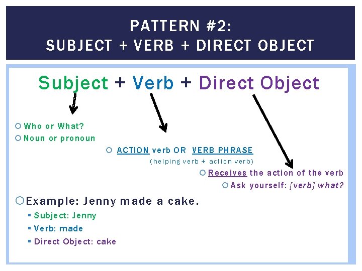 PATTERN #2: SUBJECT + VERB + DIRECT OBJECT Subject + Verb + Direct Object