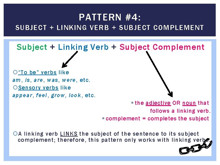 PATTERN #4: SUBJECT + LINKING VERB + SUBJECT COMPLEMENT Subject + Linking Verb +