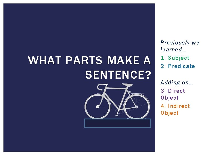 WHAT PARTS MAKE A SENTENCE? Previously we learned… 1. Subject 2. Predicate Adding on…