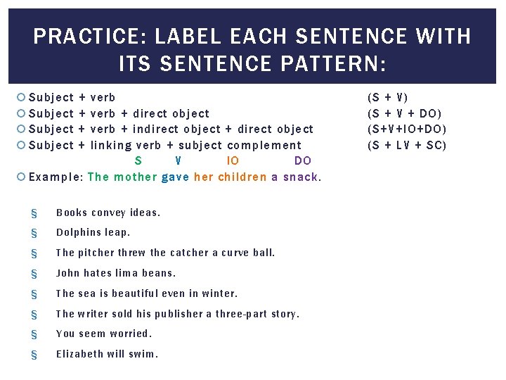 PRACTICE: LABEL EACH SENTENCE WITH ITS SENTENCE PATTERN: Subject + + verb + direct