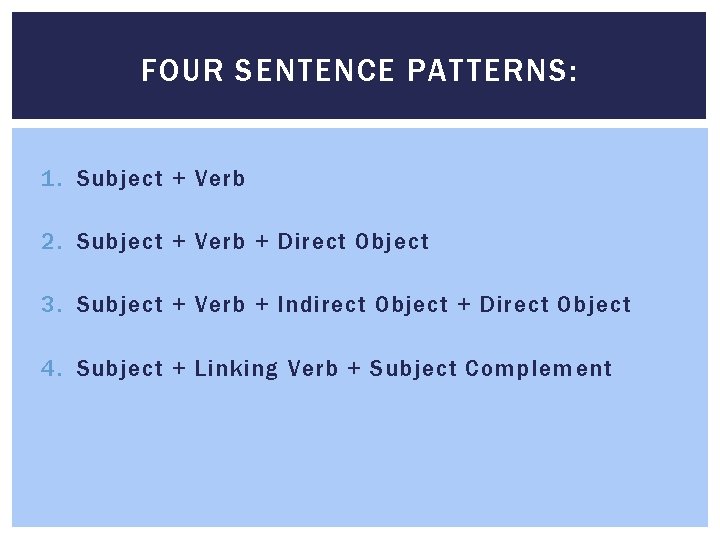 FOUR SENTENCE PATTERNS: 1. Subject + Verb 2. Subject + Verb + Direct Object