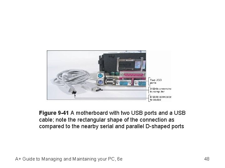 Figure 9 -41 A motherboard with two USB ports and a USB cable; note