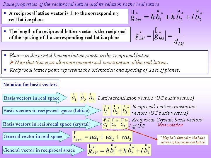 Some properties of the reciprocal lattice and its relation to the real lattice §