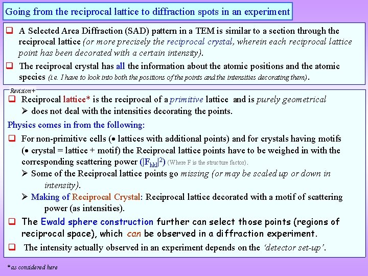 Going from the reciprocal lattice to diffraction spots in an experiment q A Selected