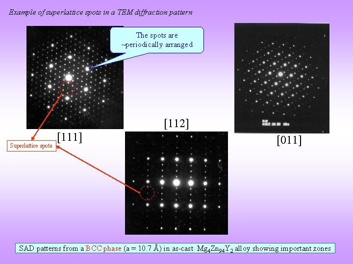 Example of superlattice spots in a TEM diffraction pattern The spots are ~periodically arranged