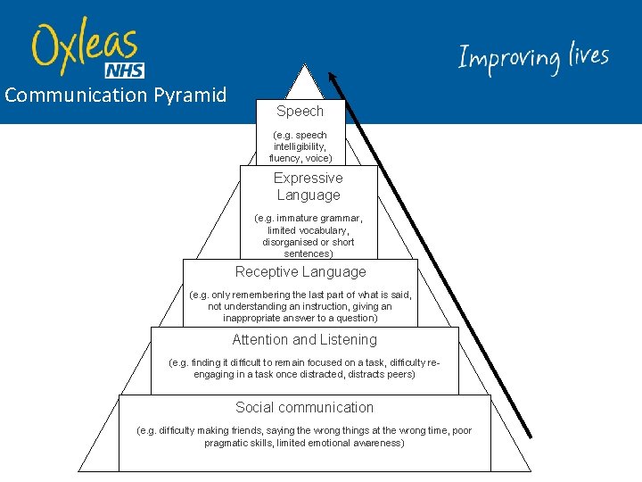 Communication Pyramid Speech (e. g. speech intelligibility, fluency, voice) Expressive Language (e. g. immature