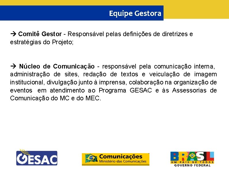 Equipe Gestora Comitê Gestor - Responsável pelas definições de diretrizes e estratégias do Projeto;