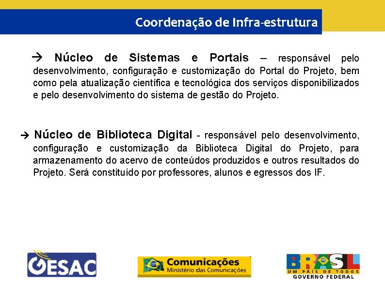 Coordenação de Infra-estrutura Núcleo de Sistemas e Portais – responsável pelo desenvolvimento, configuração e