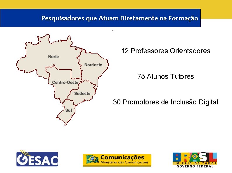 Pesquisadores que Atuam Diretamente na Formação 12 Professores Orientadores 75 Alunos Tutores 30 Promotores