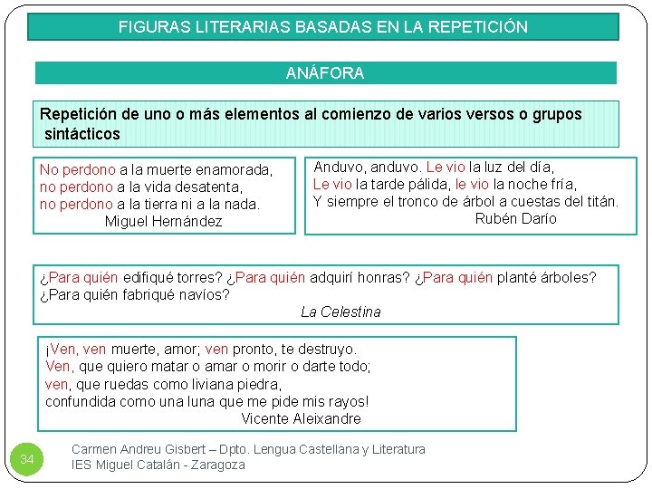 FIGURAS LITERARIAS BASADAS EN LA REPETICIÓN ANÁFORA Repetición de uno o más elementos al