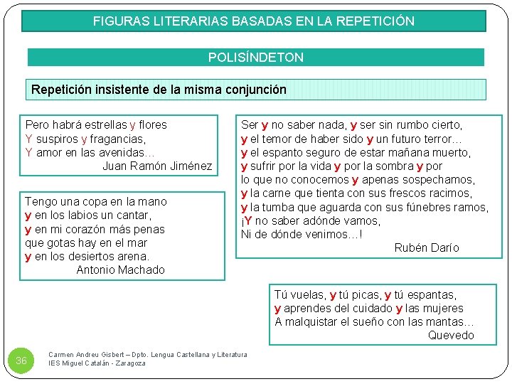 FIGURAS LITERARIAS BASADAS EN LA REPETICIÓN POLISÍNDETON Repetición insistente de la misma conjunción Pero