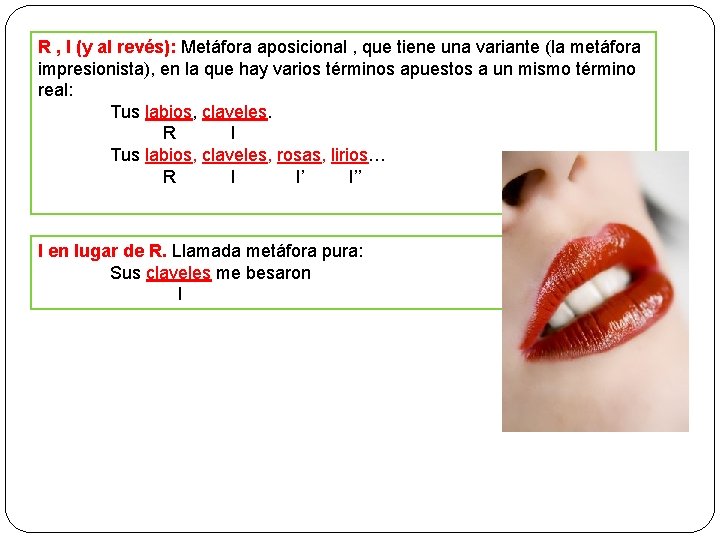 R , I (y al revés): Metáfora aposicional , que tiene una variante (la