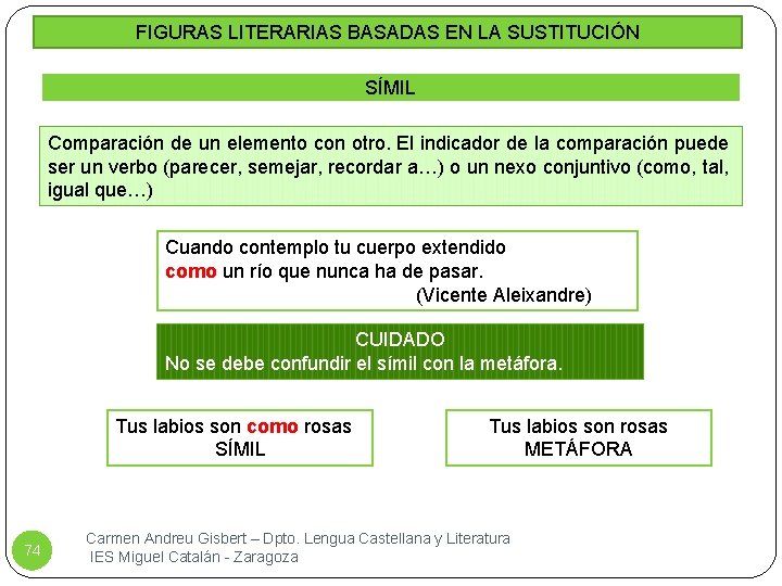 FIGURAS LITERARIAS BASADAS EN LA SUSTITUCIÓN SÍMIL Comparación de un elemento con otro. El