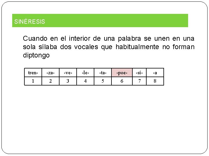 SINÉRESIS Cuando en el interior de una palabra se unen en una sola sílaba