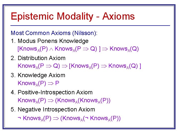 Epistemic Modality - Axioms Most Common Axioms (Nilsson): 1. Modus Ponens Knowledge [Knows. A(P)