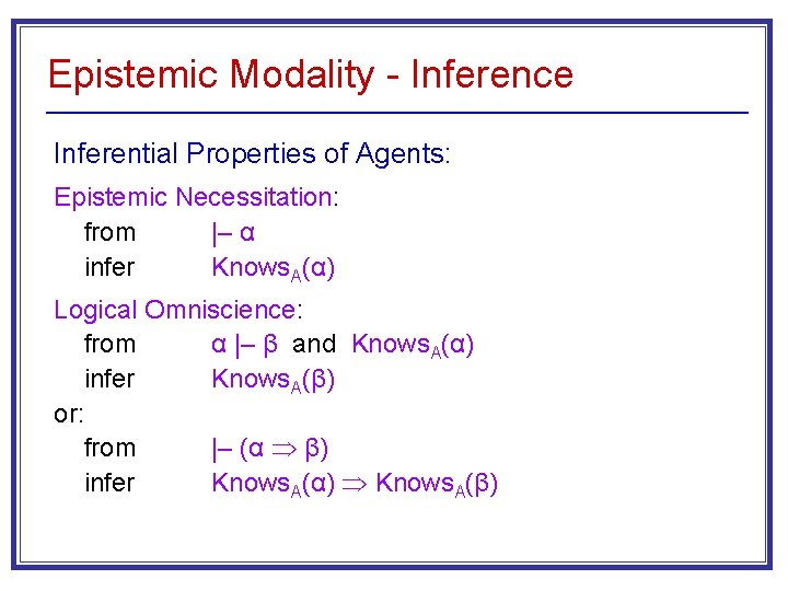 Epistemic Modality - Inference Inferential Properties of Agents: Epistemic Necessitation: from |– α infer