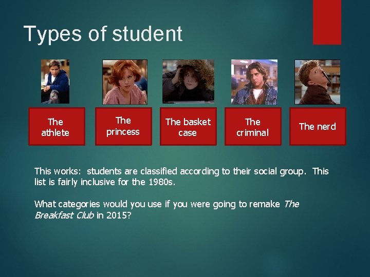 Types of student The athlete The princess The basket case The criminal The nerd