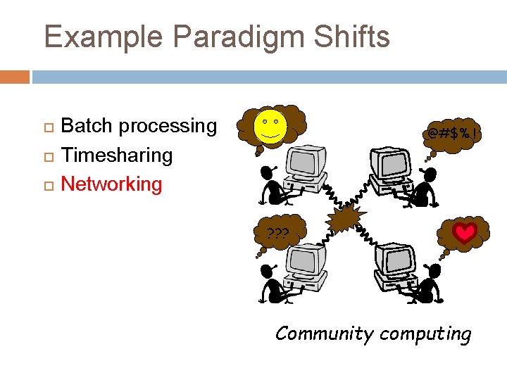 Example Paradigm Shifts Batch processing Timesharing Networking @#$% ! ? ? ? Community computing