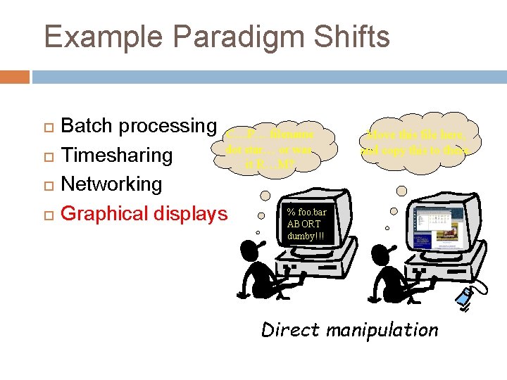 Example Paradigm Shifts Batch processing C…P… filename dot star… or was Timesharing it R…M?