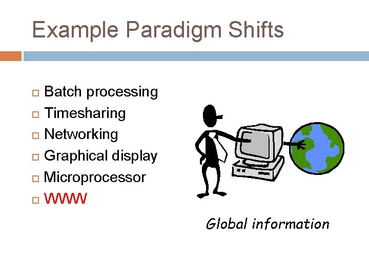 Example Paradigm Shifts Batch processing Timesharing Networking Graphical display Microprocessor WWW Global information 