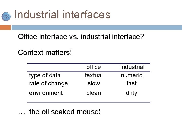 Industrial interfaces Office interface vs. industrial interface? Context matters! type of data rate of