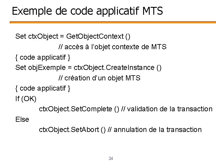 Exemple de code applicatif MTS Set ctx. Object = Get. Object. Context () //