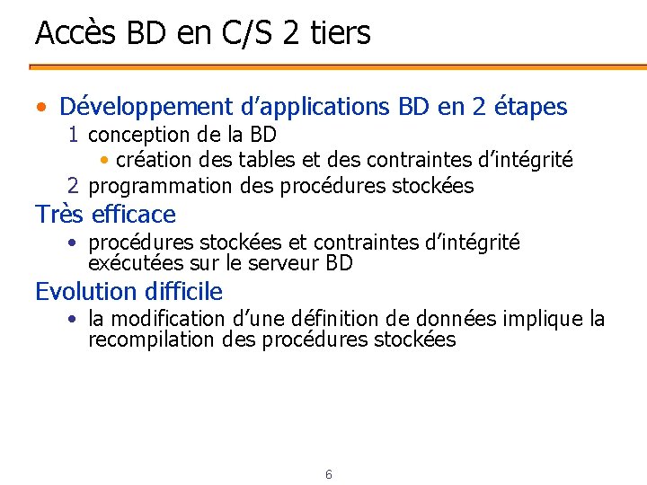 Accès BD en C/S 2 tiers • Développement d’applications BD en 2 étapes 1