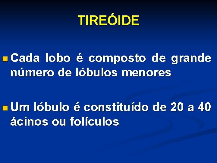 TIREÓIDE n Cada lobo é composto de grande número de lóbulos menores n Um