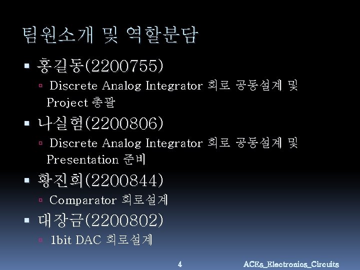 팀원소개 및 역할분담 홍길동(2200755) Discrete Analog Integrator 회로 공동설계 및 Project 총괄 나실험(2200806) Discrete