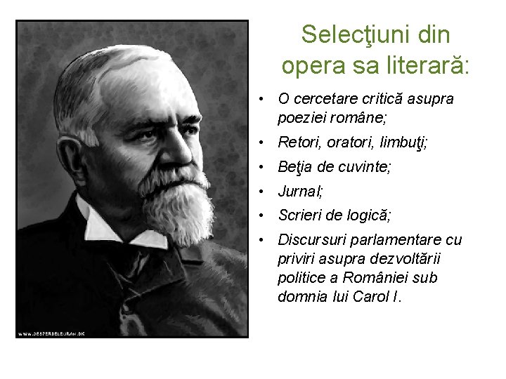 Selecţiuni din opera sa literară: • O cercetare critică asupra poeziei române; • Retori,