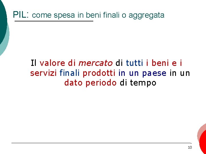 PIL: come spesa in beni finali o aggregata Il valore di mercato di tutti