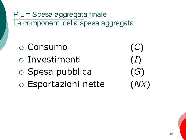 PIL = Spesa aggregata finale Le componenti della spesa aggregata ¡ ¡ Consumo Investimenti