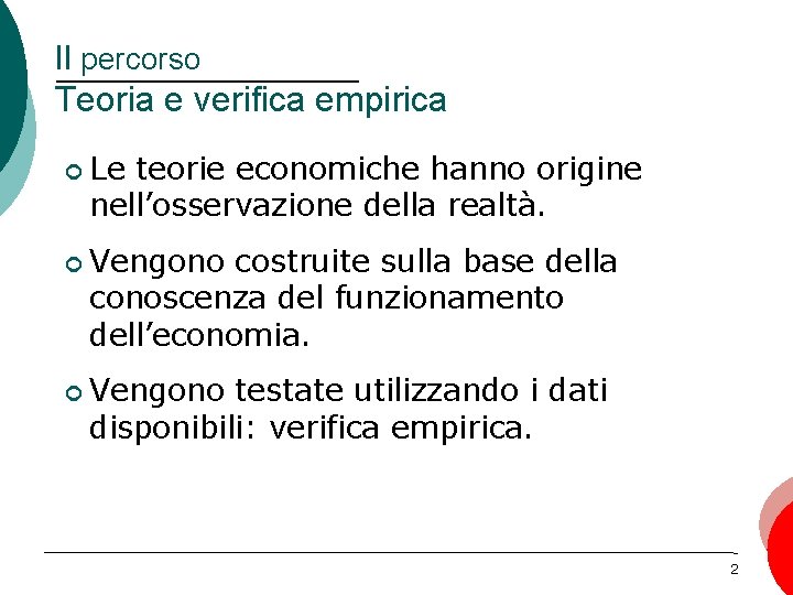 Il percorso Teoria e verifica empirica ¢ Le teorie economiche hanno origine nell’osservazione della