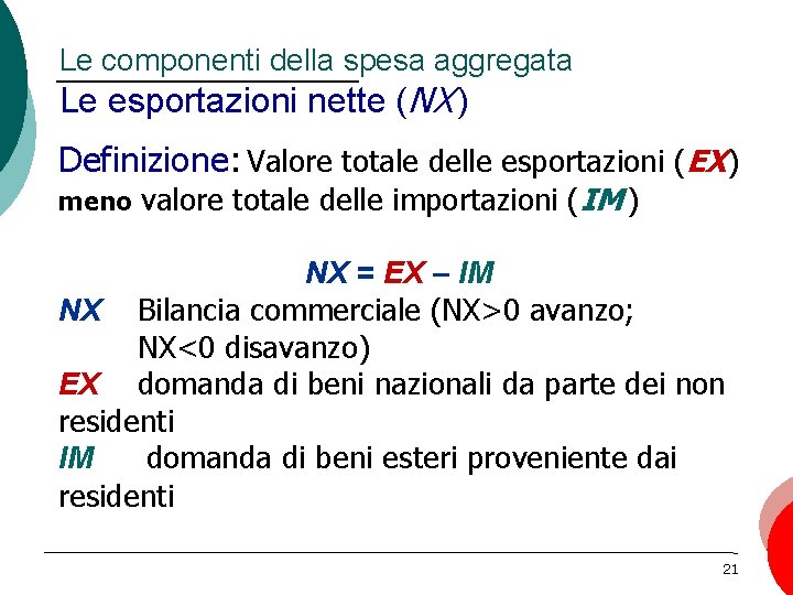 Le componenti della spesa aggregata Le esportazioni nette (NX ) Definizione: Valore totale delle